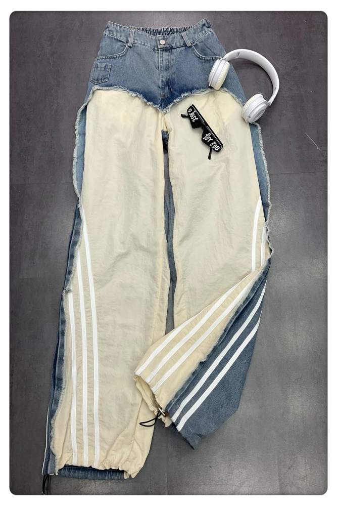 {EAM} European jeans women 2024 autumn new design sense splicing three straight bars straight pants hem drawstring cargo pants DLZ028