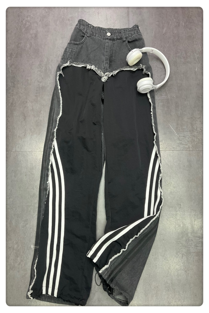 {EAM} European jeans women 2024 autumn new design sense splicing three straight bars straight pants hem drawstring cargo pants DLZ028