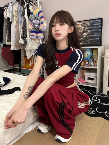 {EAM} American high street overalls women spring summer 2024 new red three straight bars loose movement wide slacks DLZ036