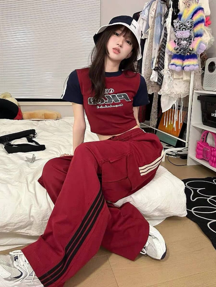 {EAM} American high street overalls women spring summer 2024 new red three straight bars loose movement wide slacks DLZ036