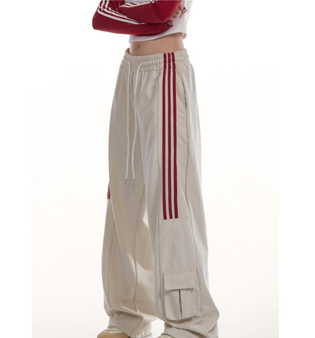 {EAM} American casual sports sweatpants women spring and autumn winter tide brand retro three bars hiphop vertical cargo pants DLZ035