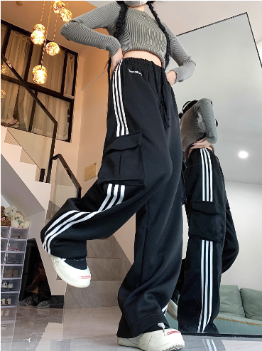 {EAM} American high street overalls women spring summer 2024 new red three straight bars loose movement wide slacks DLZ036