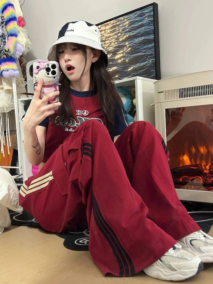 {EAM} American high street overalls women spring summer 2024 new red three straight bars loose movement wide slacks DLZ036