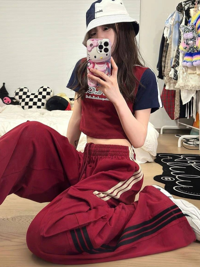 {EAM} American high street overalls women spring summer 2024 new red three straight bars loose movement wide slacks DLZ036