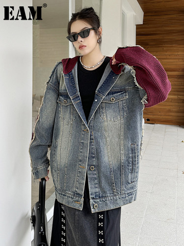 [EAM] Red Color-block Denim Big Size Thick Jacket New Hooded Long Sleeve Women Coat Fashion Tide Spring Autumn  1DH75860