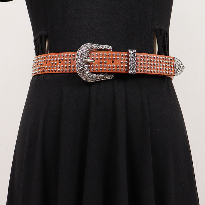 [EAM] Pu Leather Camel Rivet Vintage Long Wide Belt Personality Women New Fashion Tide All-match Spring Autumn 2024 1DH7494