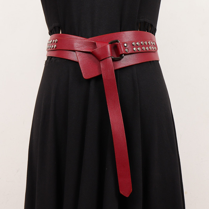 [EAM] Pu Leather Red Rivet Irregular Long Wide Belt Personality Women New Fashion Tide All-match Spring Autumn 2024 1DH7496