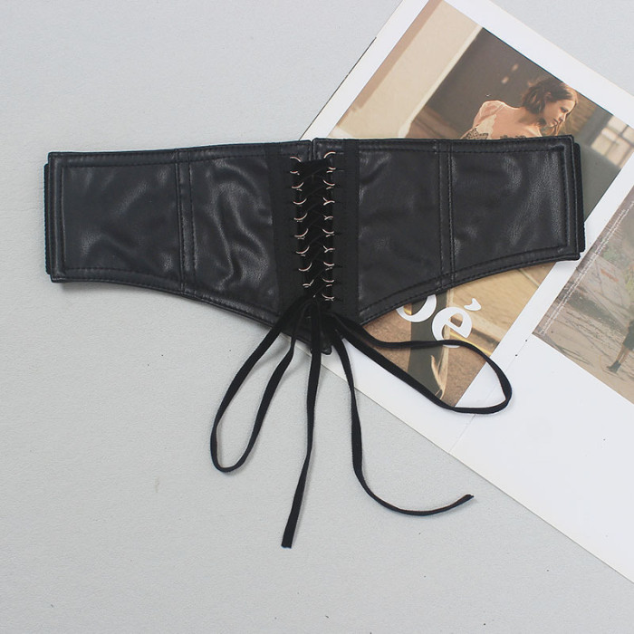 [EAM] Pu Leather Black Bandage Elastic Irregular Wide Belt Personality Women New Fashion All-match Spring Autumn 2024 1DH5548