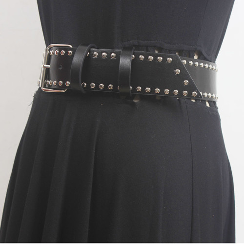 [EAM] Pu Leather Black Rivet Long Vintage Wide Belt Personality Women New Fashion Tide All-match Spring Autumn 2024 1DH5550