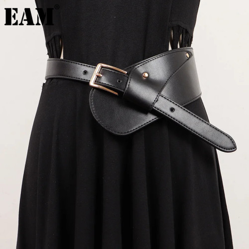 [EAM] Pu Leather Black Irregular Spliced Long Wide Belt Personality Women New Fashion Tide All-match Spring Autumn 2024  1DH7088