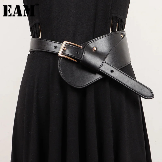 [EAM] Pu Leather Black Irregular Spliced Long Wide Belt Personality Women New Fashion Tide All-match Spring Autumn 2024  1DH7088