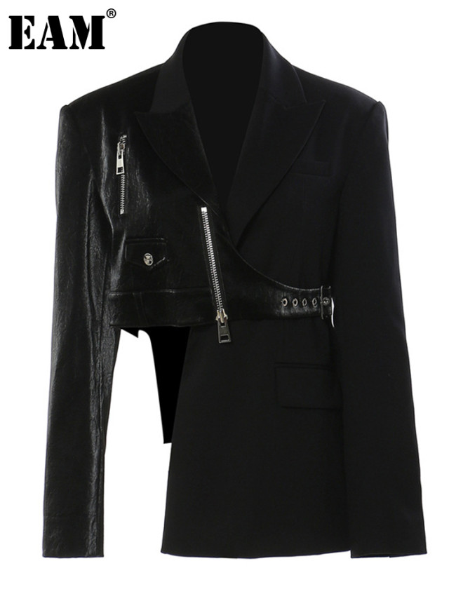 [EAM] Women Black Irregular Pu Leather Blazer New Lapel Long Sleeve Loose Fit Jacket Fashion Tide Spring AutumnDLZ6601S