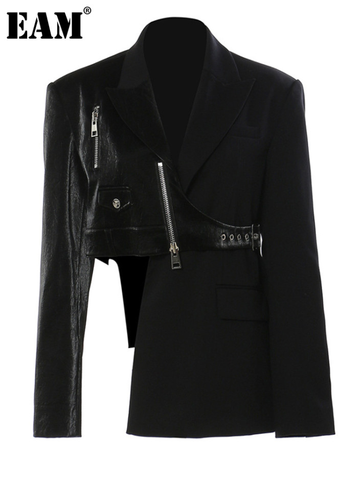 [EAM] Women Black Irregular Pu Leather Blazer New Lapel Long Sleeve Loose Fit Jacket Fashion Tide Spring AutumnDLZ6601S