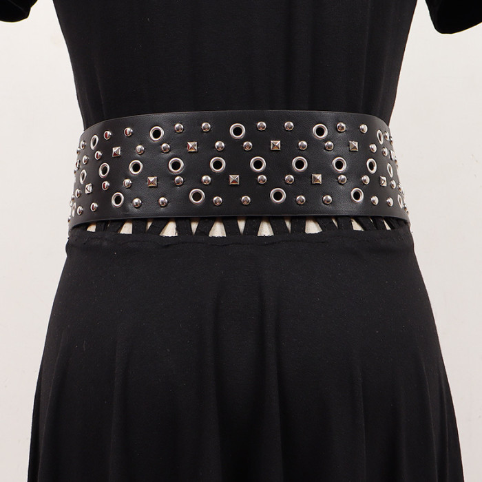 [EAM] Pu Leather Balck Hollow Out Long Wide Vintage Belt Personality Women New Fashion Tide All-match Spring Autumn 2024 1DH7495