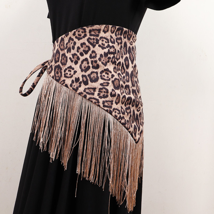 [EAM] Leopart Print Tassels Irregular Long Wide Belt Personality Women New Fashion Tide All-match Spring Autumn 2024 1DH7492