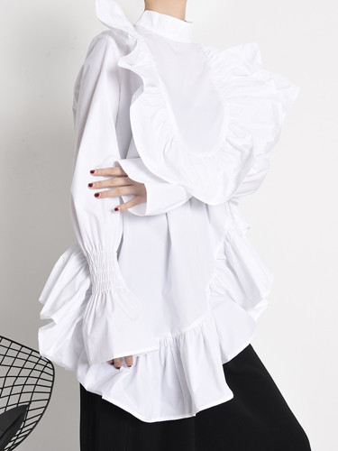 [EAM] Women Ruffles Irregular Blouse New Stand Collar Long Sleeve Loose Fit Shirt Fashion Tide Spring Autumn  1Z19900