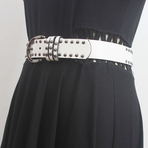 [EAM] Pu Leather White Vintage Rivet Long Wide Belt Personality Women New Fashion Tide All-match Spring Autumn 2024 1DH5552