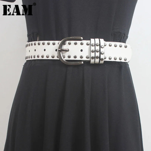 [EAM] Pu Leather White Vintage Rivet Long Wide Belt Personality Women New Fashion Tide All-match Spring Autumn 2024 1DH5552