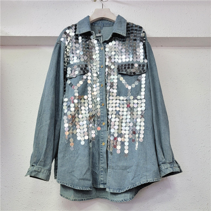 DEAT Women's Denim Shirt Loose Patchwork Full Sequins Single Breasted Blue Long Sleeve Blouse  Summer New Fashion DLZ640805