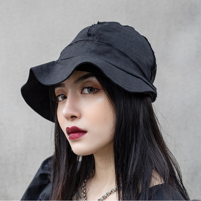 [EAM] Women Black Temperament Spliced Fishermen Hat New Round Dome Temperament Fashion Tide All-match Spring Autumn 2024 1DF5346