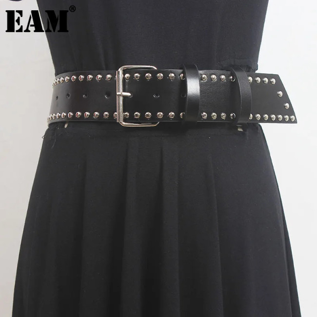 [EAM] Pu Leather Black Rivet Long Vintage Wide Belt Personality Women New Fashion Tide All-match Spring Autumn 2024 1DH5550