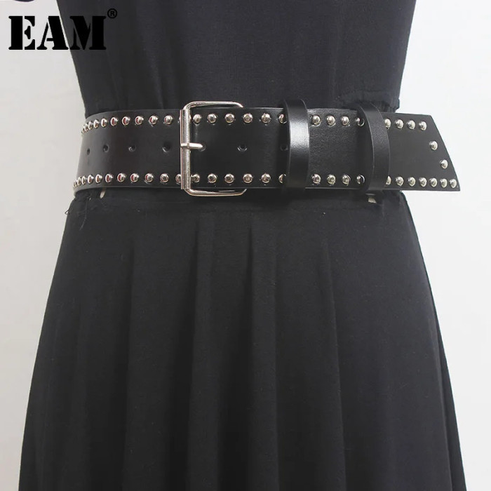 [EAM] Pu Leather Black Rivet Long Vintage Wide Belt Personality Women New Fashion Tide All-match Spring Autumn 2024 1DH5550