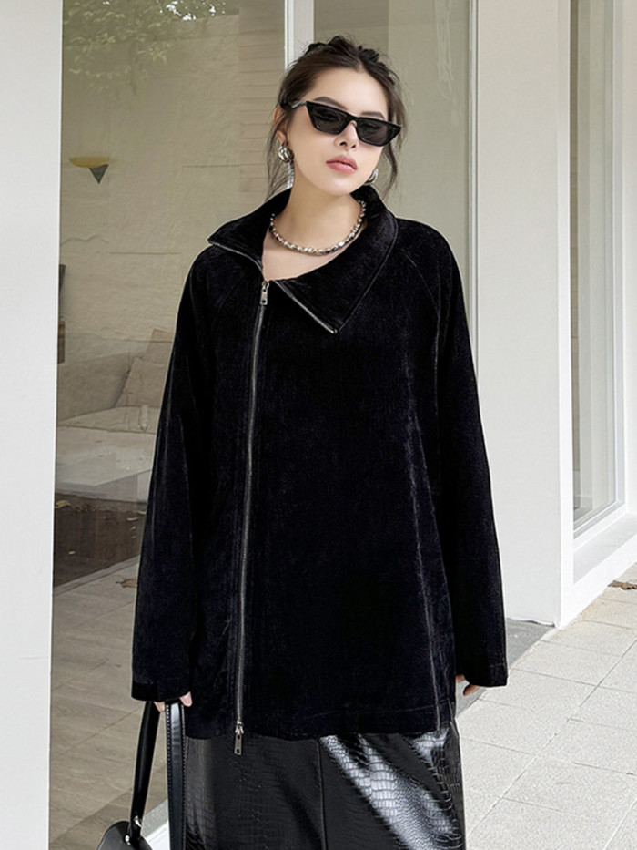 [EAM] Red Irregular Zipper Big Size Casual Jacket New Turtleneck Long Sleeve Women Coat Fashion Tide Spring Autumn 2024 1DH7589