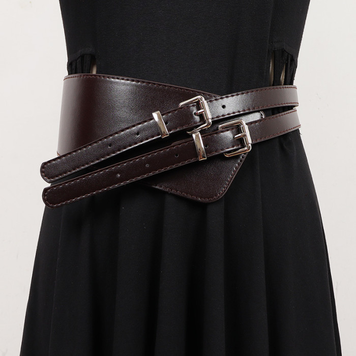 [EAM] Pu Leather Coffee Double Buckle Long Wide Belt Personality Women New Fashion Tide All-match Spring Autumn 2024 1DH7247
