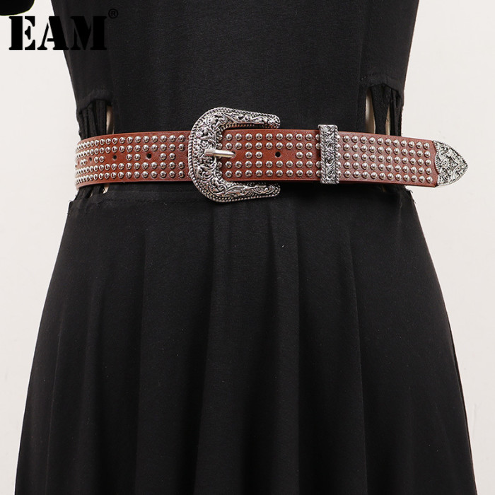 [EAM] Pu Leather Camel Rivet Vintage Long Wide Belt Personality Women New Fashion Tide All-match Spring Autumn 2024 1DH7494