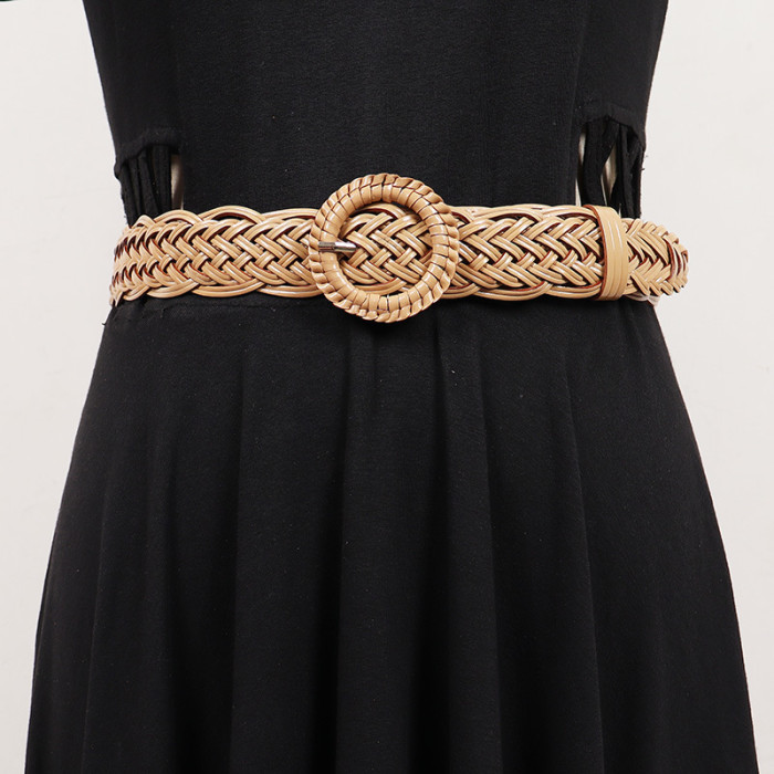 [EAM] Pu Leather Belt Brown Round Buckle Long Wide Personality Women New Fashion Tide All-match Spring Autumn 2024 1DH7491
