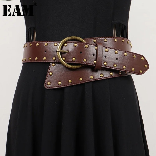 [EAM] Pu Leather Coffee Irregular Rivet Long Belt Personality Women New Fashion Tide All-match Spring Autumn 2024 1DH7250
