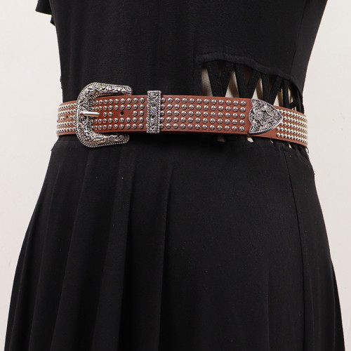 [EAM] Pu Leather Camel Rivet Vintage Long Wide Belt Personality Women New Fashion Tide All-match Spring Autumn 2024 1DH7494