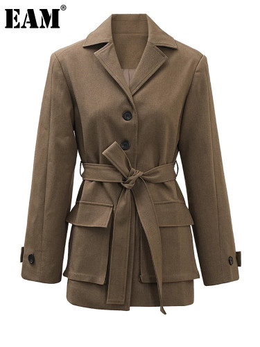 [EAM] Women Khaki Single Breasted Belted Pocket Elegant Blazer New Lapel Long Sleeve Jacket Fashion Spring Autumn  CPDB212