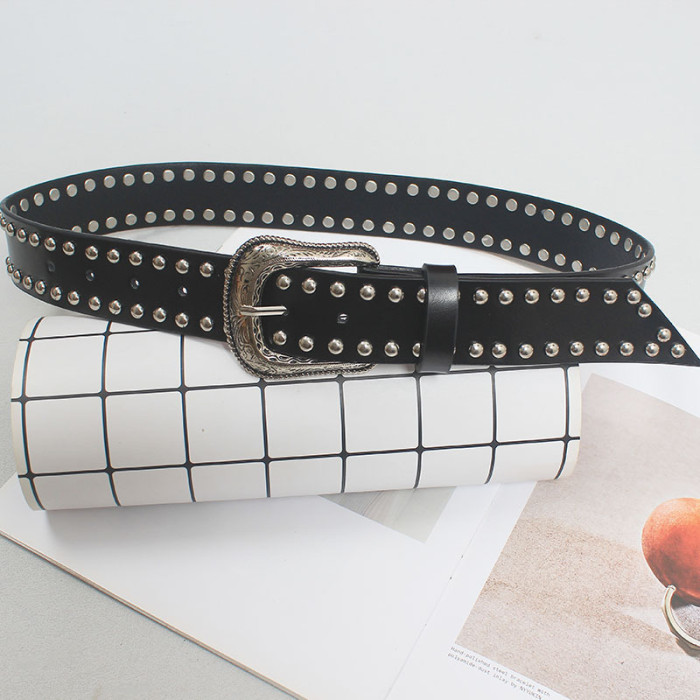 [EAM] Pu Leather Black Rivet Long Vintage Wide Belt Personality Women New Fashion Tide All-match Spring Autumn 2024 1DH5551