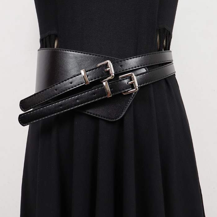 [EAM] Pu Leather Coffee Double Buckle Long Wide Belt Personality Women New Fashion Tide All-match Spring Autumn 2024 1DH7247