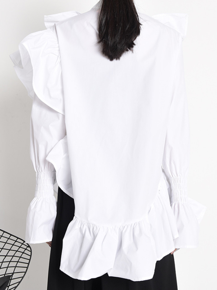 [EAM] Women Ruffles Irregular Blouse New Stand Collar Long Sleeve Loose Fit Shirt Fashion Tide Spring Autumn  1Z19900