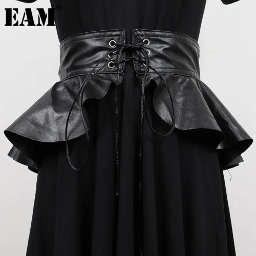 [EAM] Pu Leather Black Ruffles Elegant Bandage Belt Personality Women New Fashion Tide All-match Spring Autumn 2024 1DH7008