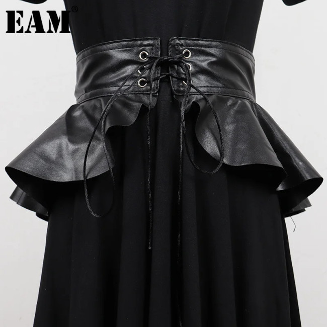 [EAM] Pu Leather Black Ruffles Elegant Bandage Belt Personality Women New Fashion Tide All-match Spring Autumn 2024 1DH7008
