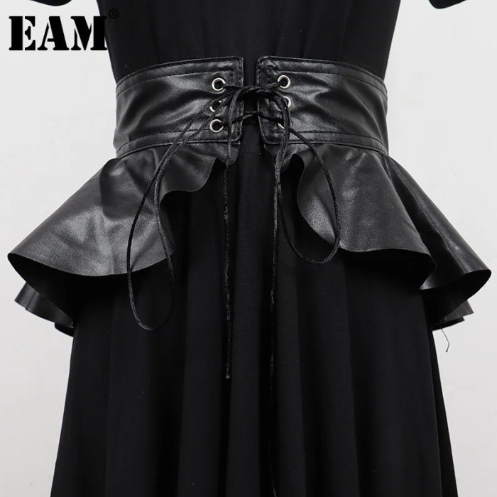 [EAM] Pu Leather Black Ruffles Elegant Bandage Belt Personality Women New Fashion Tide All-match Spring Autumn 2024 1DH7008