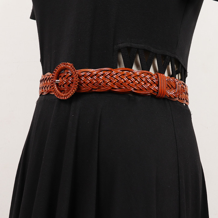 [EAM] Pu Leather Belt Brown Round Buckle Long Wide Personality Women New Fashion Tide All-match Spring Autumn 2024 1DH7491