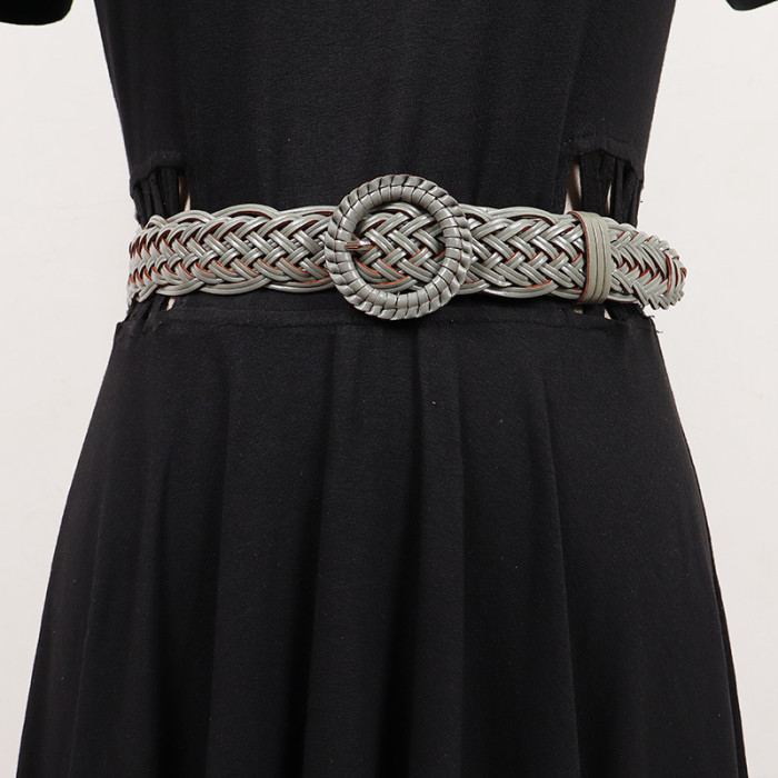 [EAM] Pu Leather Belt Brown Round Buckle Long Wide Personality Women New Fashion Tide All-match Spring Autumn 2024 1DH7491