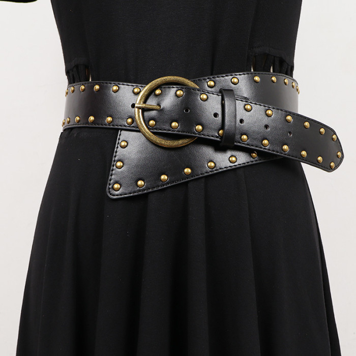 [EAM] Pu Leather Coffee Irregular Rivet Long Belt Personality Women New Fashion Tide All-match Spring Autumn 2024 1DH7250