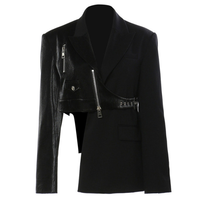 [EAM] Women Black Irregular Pu Leather Blazer New Lapel Long Sleeve Loose Fit Jacket Fashion Tide Spring AutumnDLZ6601S