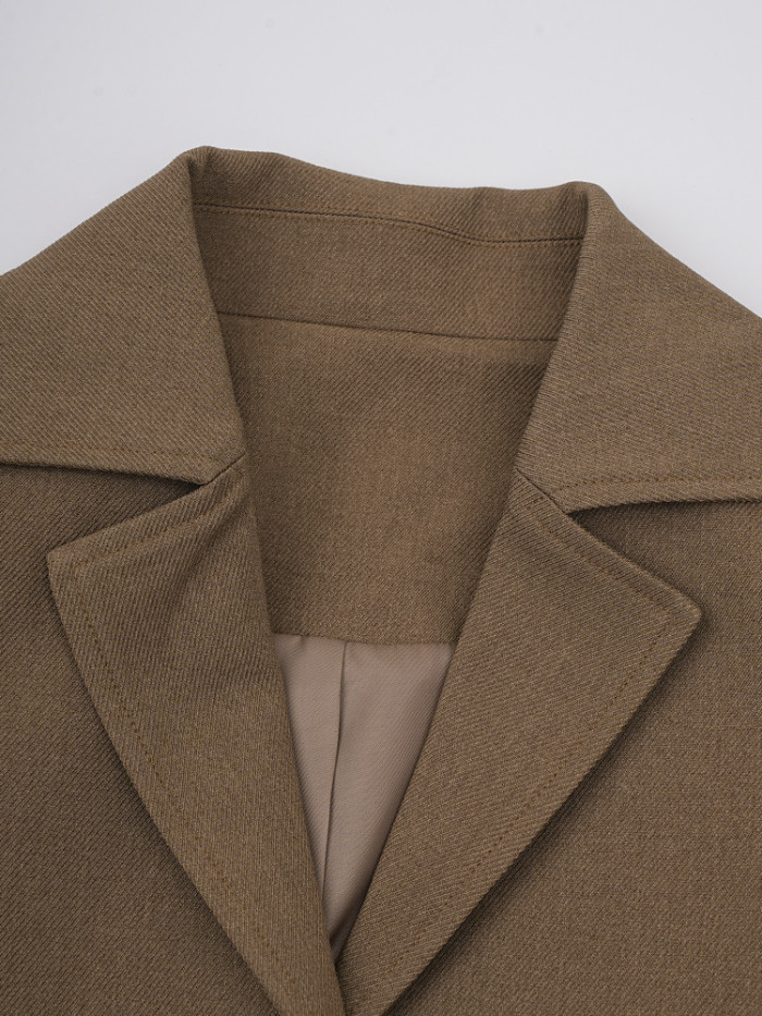 [EAM] Women Khaki Single Breasted Belted Pocket Elegant Blazer New Lapel Long Sleeve Jacket Fashion Spring Autumn  CPDB212