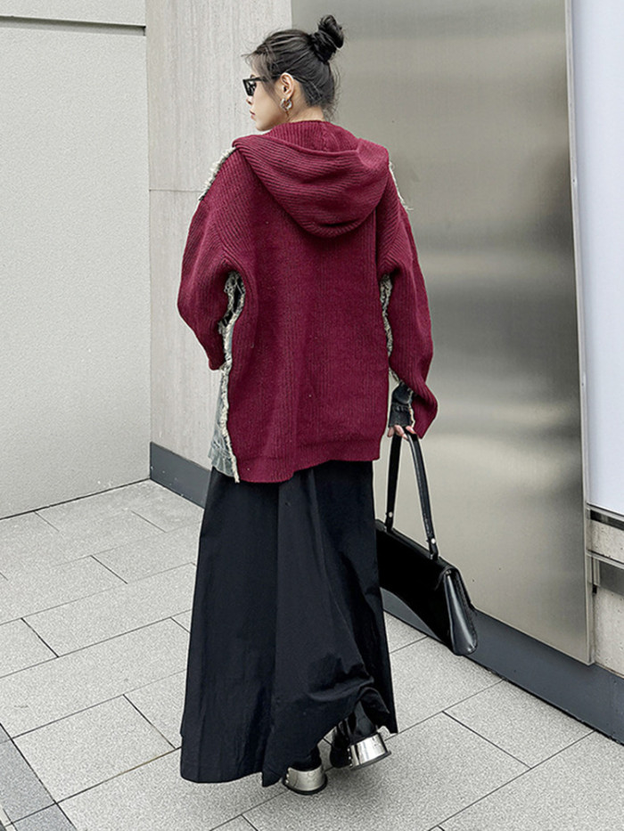 [EAM] Red Color-block Denim Big Size Thick Jacket New Hooded Long Sleeve Women Coat Fashion Tide Spring Autumn  1DH75860