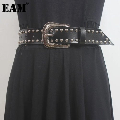 [EAM] Pu Leather Black Rivet Long Vintage Wide Belt Personality Women New Fashion Tide All-match Spring Autumn 2024 1DH5551