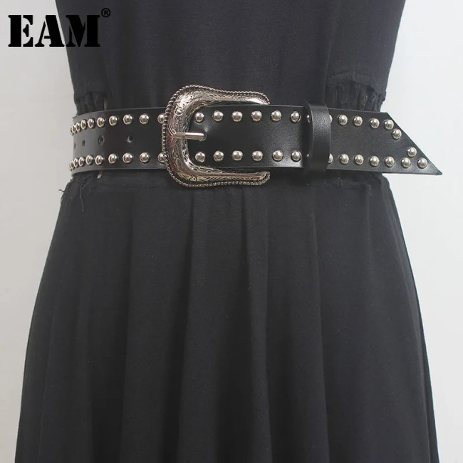 [EAM] Pu Leather Black Rivet Long Vintage Wide Belt Personality Women New Fashion Tide All-match Spring Autumn 2024 1DH5551