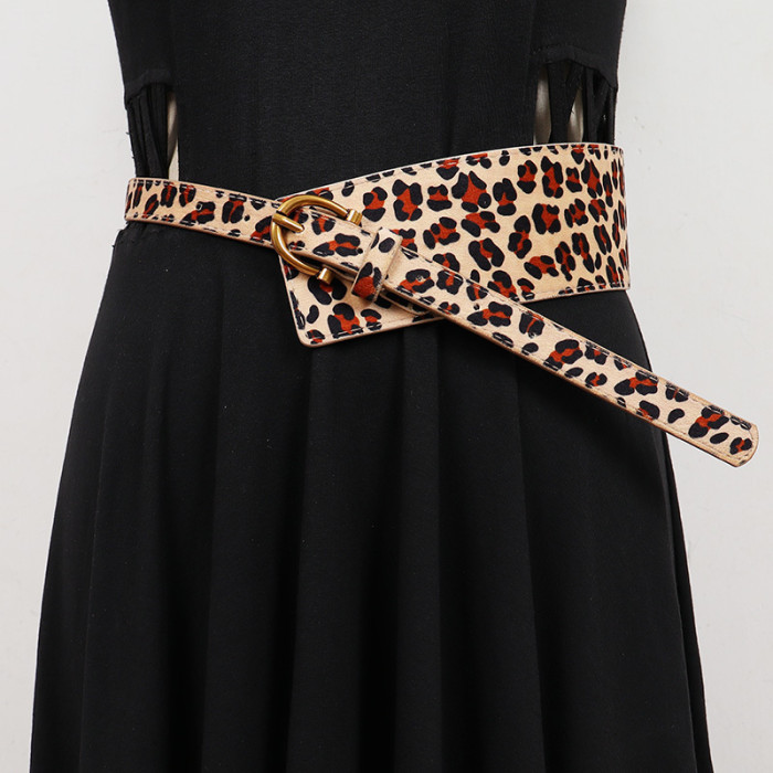 [EAM] Pu Leather Leopard Printed Irregular Wide Belt Personality Women New Fashion Tide All-match Spring Autumn 2024 1DH7248