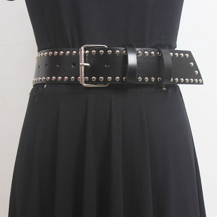 [EAM] Pu Leather Black Rivet Long Vintage Wide Belt Personality Women New Fashion Tide All-match Spring Autumn 2024 1DH5550