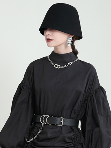 [EAM] Women Black Brief Fishermen Hat New Round Dome Temperament Fashion Tide All-match Spring Autumn 2024 1DE8108